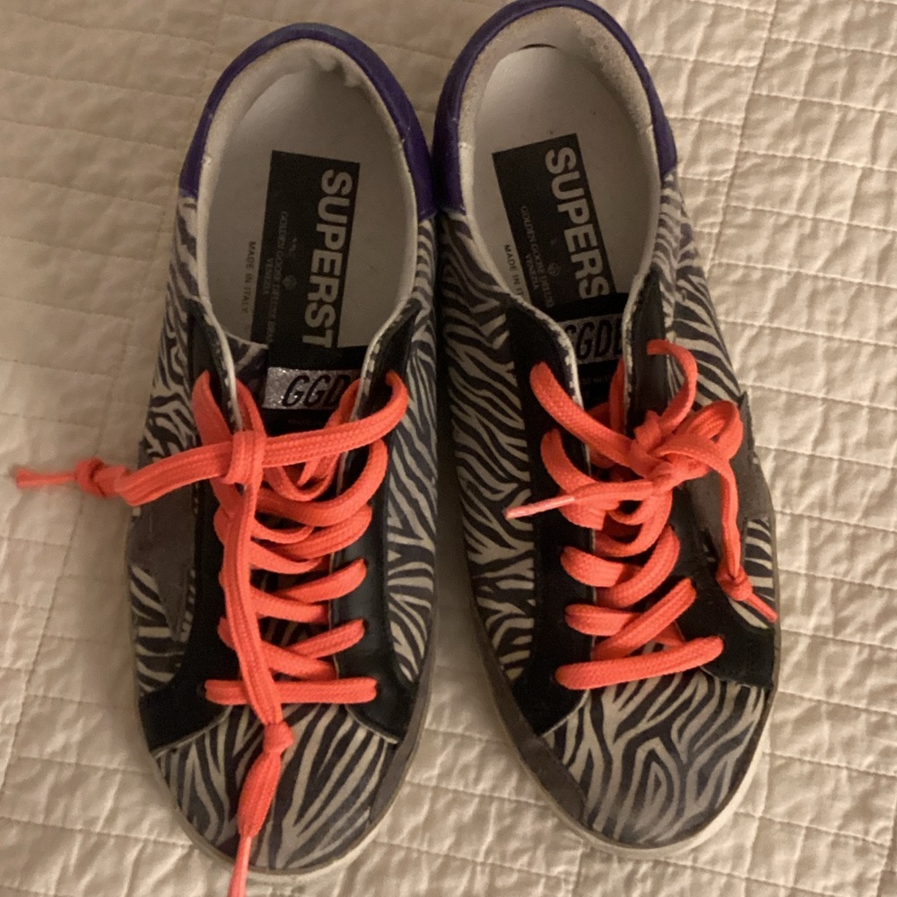 GOLDEN GOOSE Zebra Print SUPERSTAR Sneakers with orange laces and purple backs